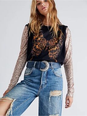 Free People Gold Rush Sequin Long-Sleeve Rose Gold Top size Small